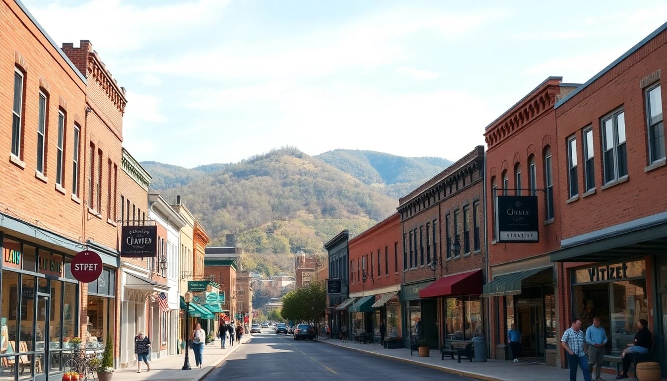 Explore Clarksburg, showcasing vibrant local shops and historic architecture.