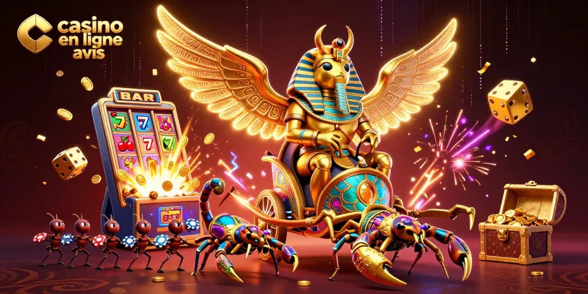 Casino en ligne avis : Illustrant un scarabée doré au casino avec un jackpot étincelant.