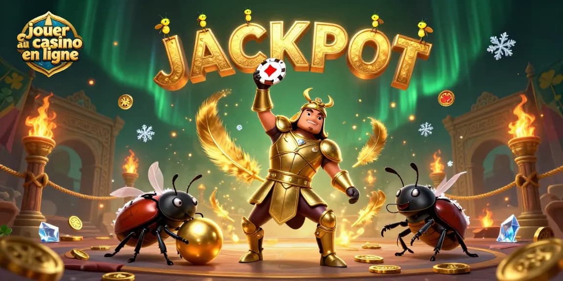 Jouer au casino en ligne avec un scarabée en armure dorée et un jackpot lumineux au-dessus.