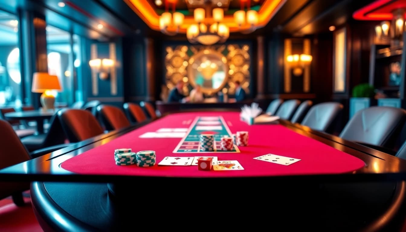 Engaging scene of online gambling at a casino table featuring link alternatif sbobet with poker chips and cards.
