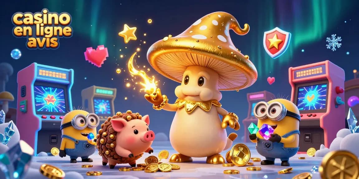 Illustration dynamique de casino avec le mot-clé casino en ligne avis mettant en scène un sorcier champignon et ses amis.