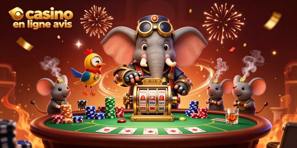 Casino en ligne avis: éléphant steampunk jouant aux machines à sous avec des éléments de poker