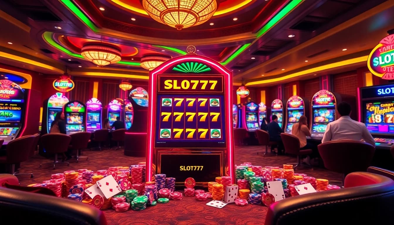 Win big on Slot777 with vibrant casino visuals showcasing excitement and luxury.