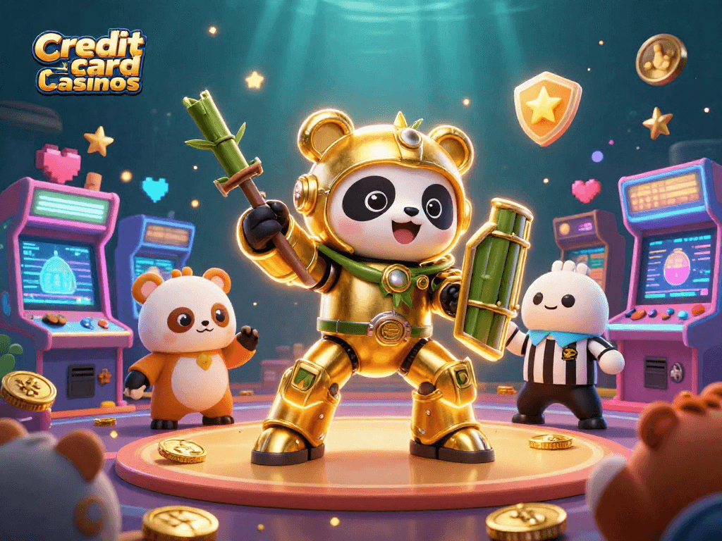 Engaging scene of credit card casinos with colorful arcade machines and dynamic characters.