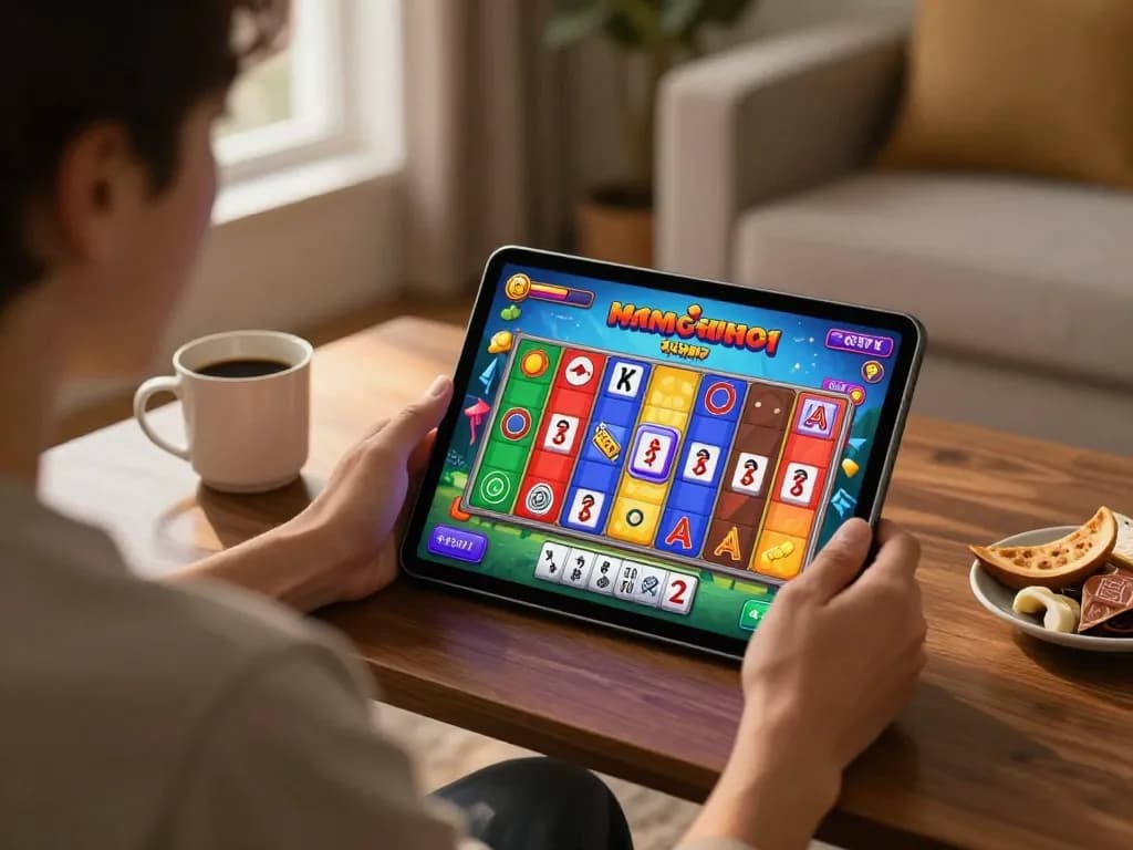 Engaging with slot mahjong game on a tablet in a cozy living room atmosphere, showcasing an exciting gaming experience