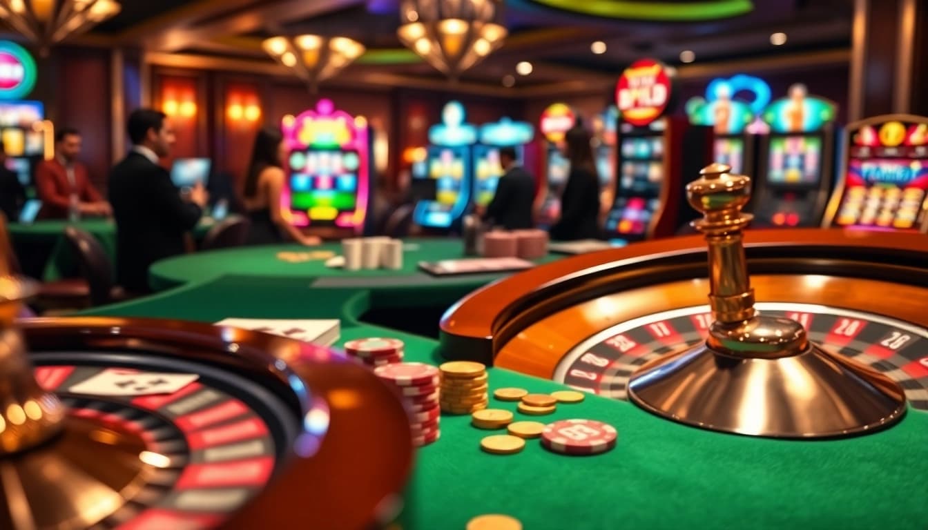 Excited gamblers enjoying a vibrant S8 table with poker chips and roulette wheel.