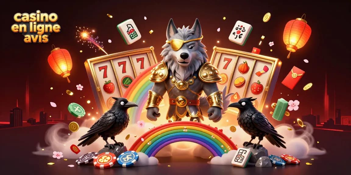 Illustration dynamique représentant un loup Odin et ses corbeaux, pour des avis sur casino en ligne.