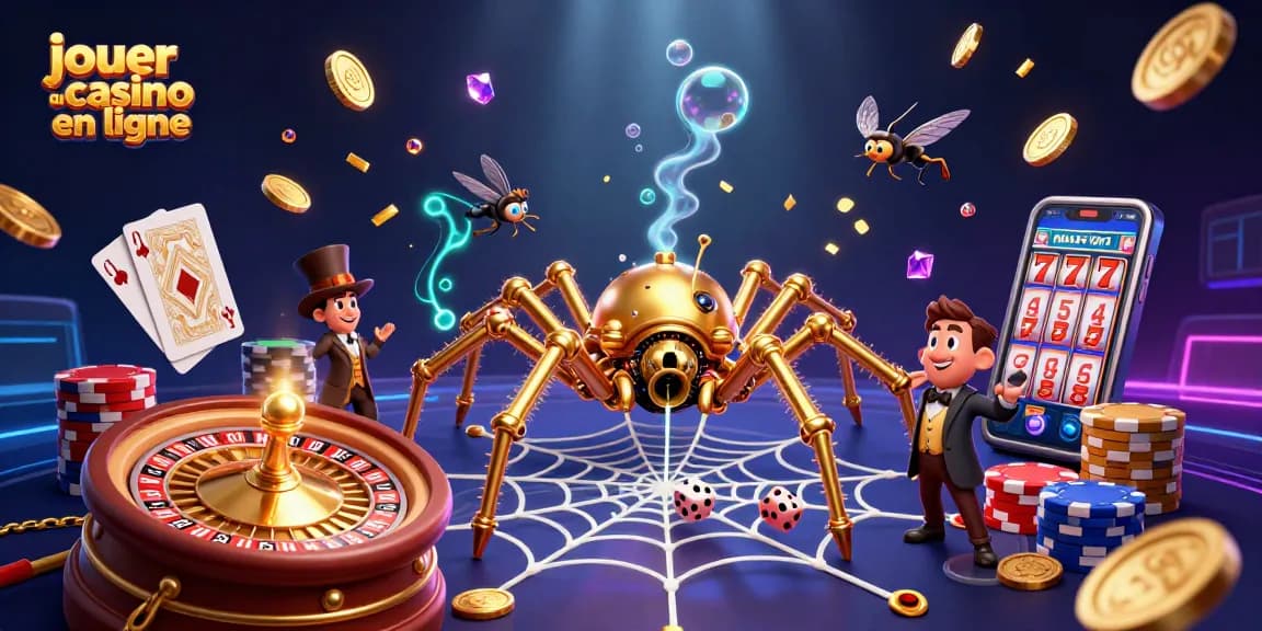 Jouer au casino en ligne à travers une illustration 3D colorée avec une araignée steampunk et des éléments de jeux.