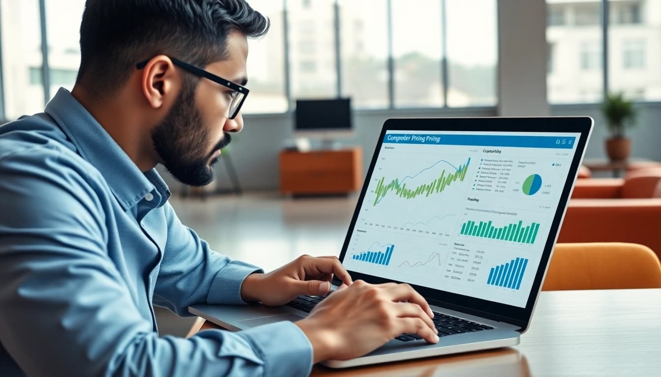 Find competitor pricing through detailed analysis on a laptop in a bright office.