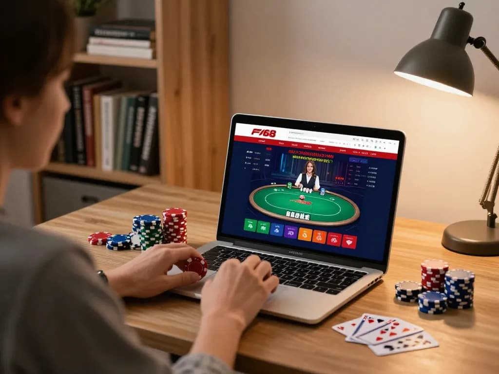 Engaging scene of F168 online poker game displayed on laptop, person strategizing with chips nearby.