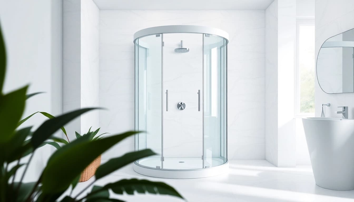 Erleben Sie die duschkabine 100x100 in einem modernen Badezimmer mit weichen Farbtönen.