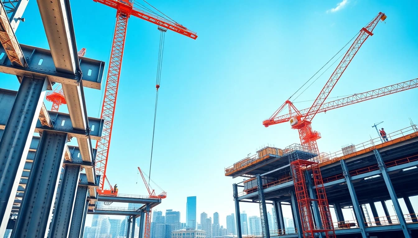Showcasing structural steel construction with beams and cranes in an active work environment.