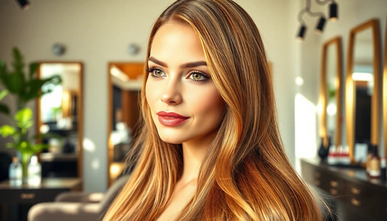 Model demonstrating genius weft hair extensions in a bright salon, showcasing seamless integration.