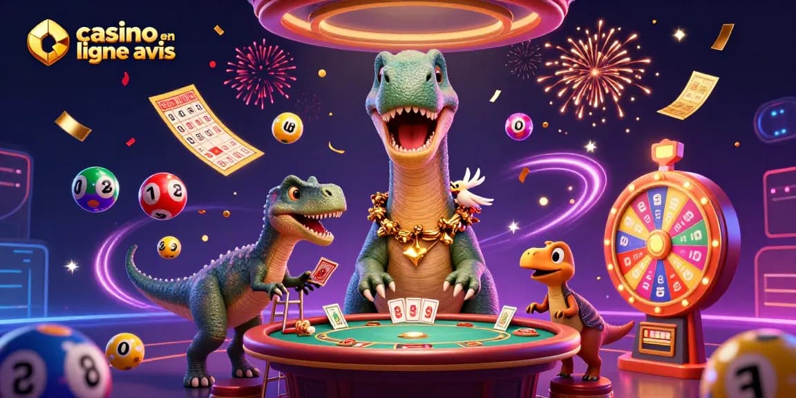 Avis de casino en ligne : illustration d'un brontosaurus géant observant les jeux de casino.