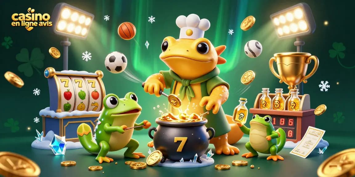 Un avis sur casino en ligne : Alchimiste transformant des métaux en pièces d'or avec un apprenti grenouille.