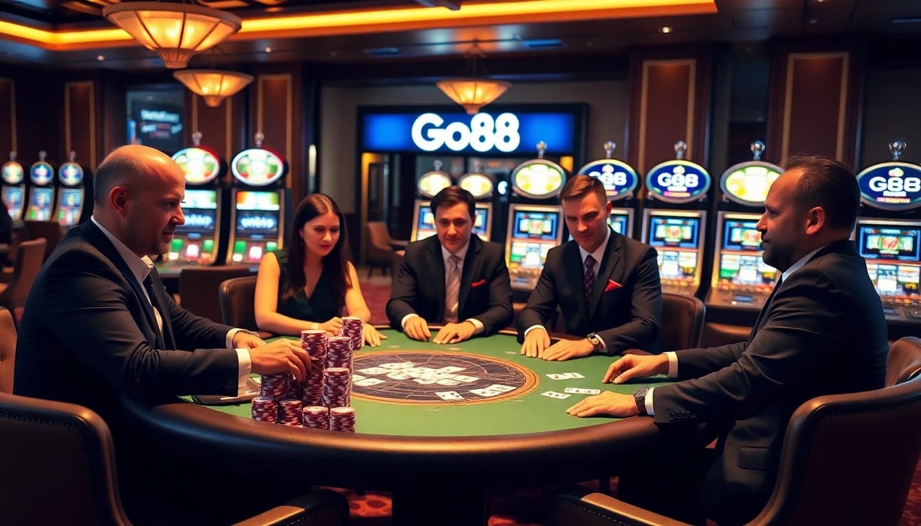 Go88 offers exciting chip-stacking moments at a poker table in a luxurious casino environment.