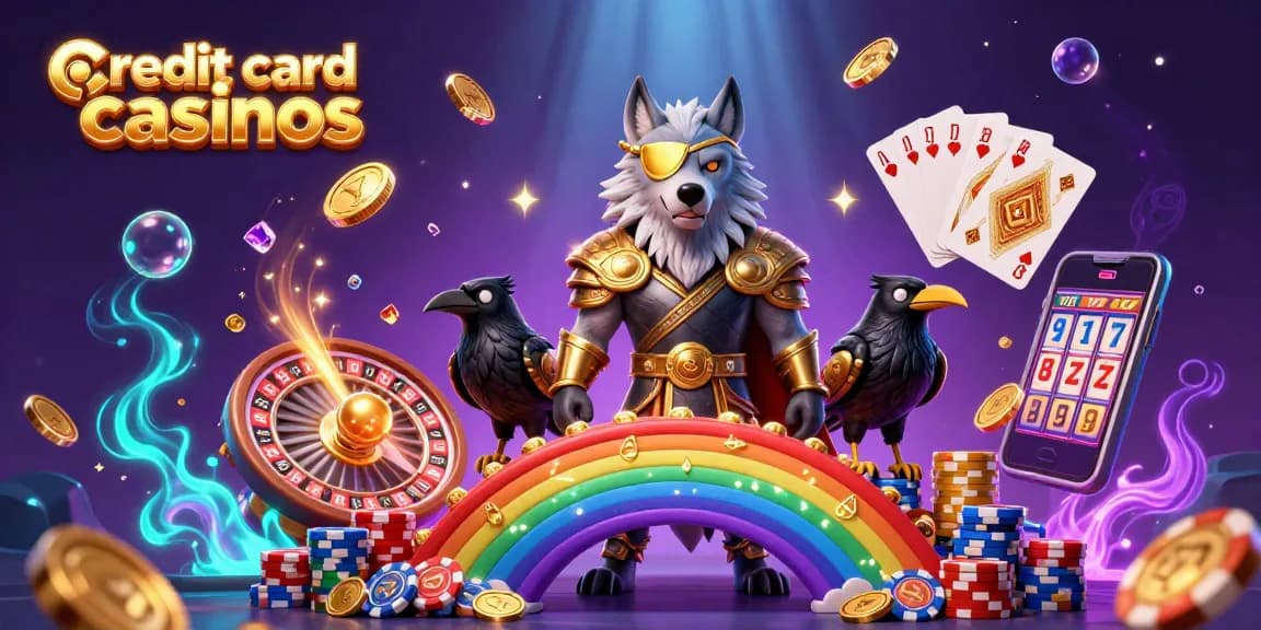 Experience vibrant credit card casinos with Odin, ravens, and cascading casino elements in this 3D scene.