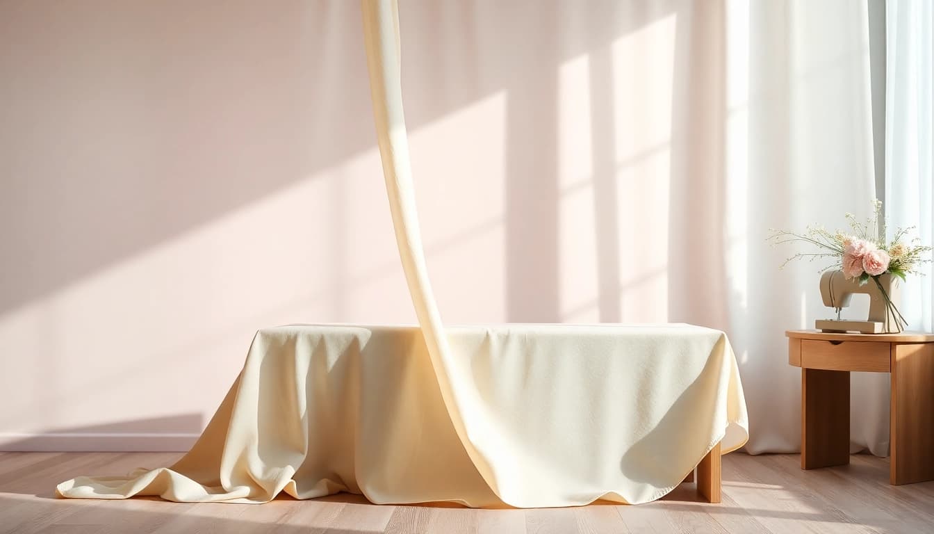 Mousseline stof soepel draperend op een elegante tafel met zachte pastelkleuren.