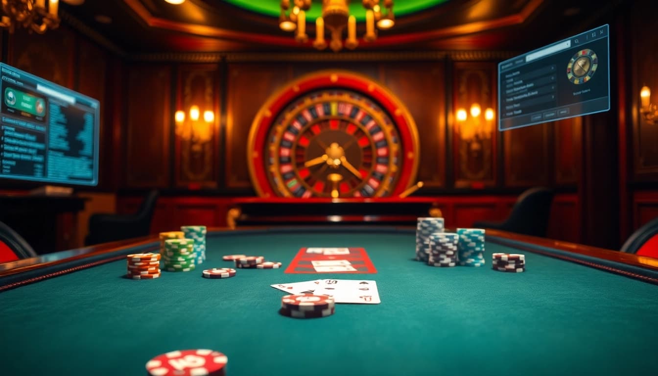 Engaging poker players strategizing with hidden wiki search engine themed elements at a luxurious casino table.