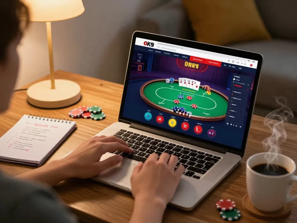 Engaging with OK9's online casino while using strategic betting notes in a cozy home setting