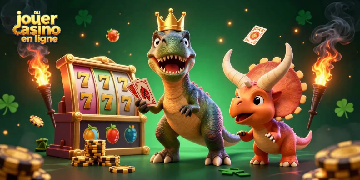 Jouer au casino en ligne : T-Rex faisant des cartes avec un ptérosaure et un tricératops ajoutant des jetons dorés.