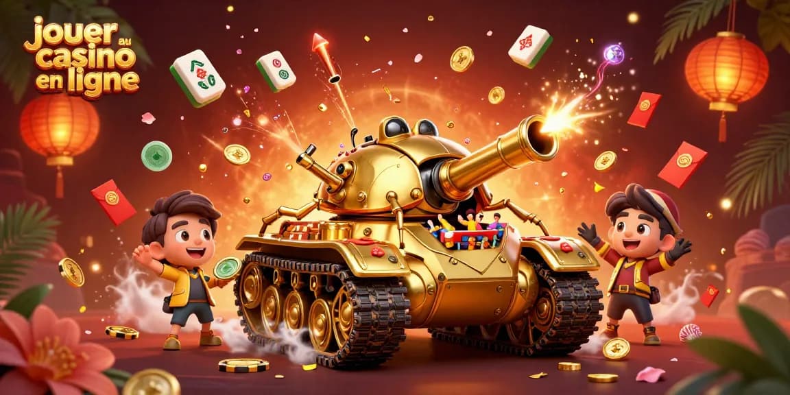 Jouer au casino en ligne avec un tank doré en forme de scarabée révélant un casino miniature en 3D