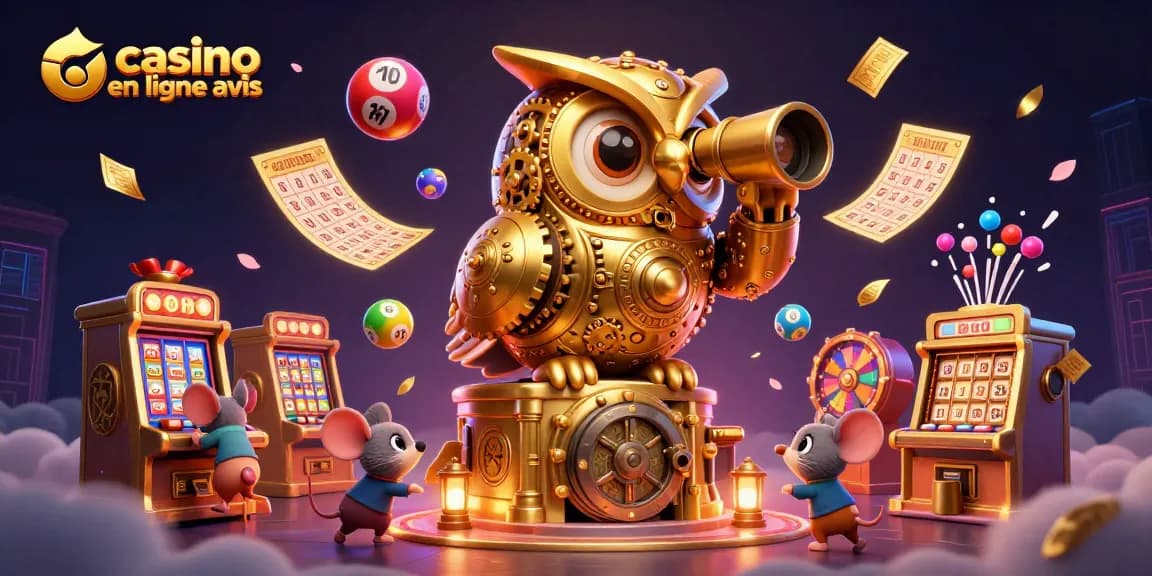 Casino en ligne avis avec une illustration 3D dynamique comprenant une chouette dorée et des éléments de loterie.