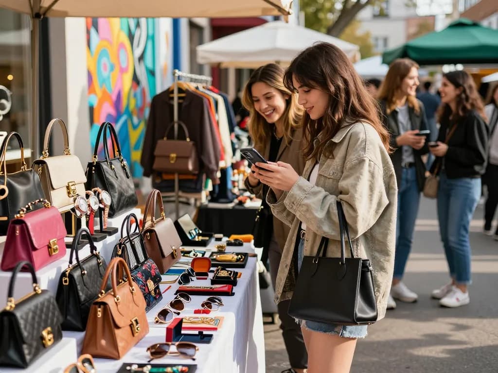 Shopping for premium replicas at a 레플리카 사이트 in a vibrant outdoor market, stylish atmosphere, luxury items on display.