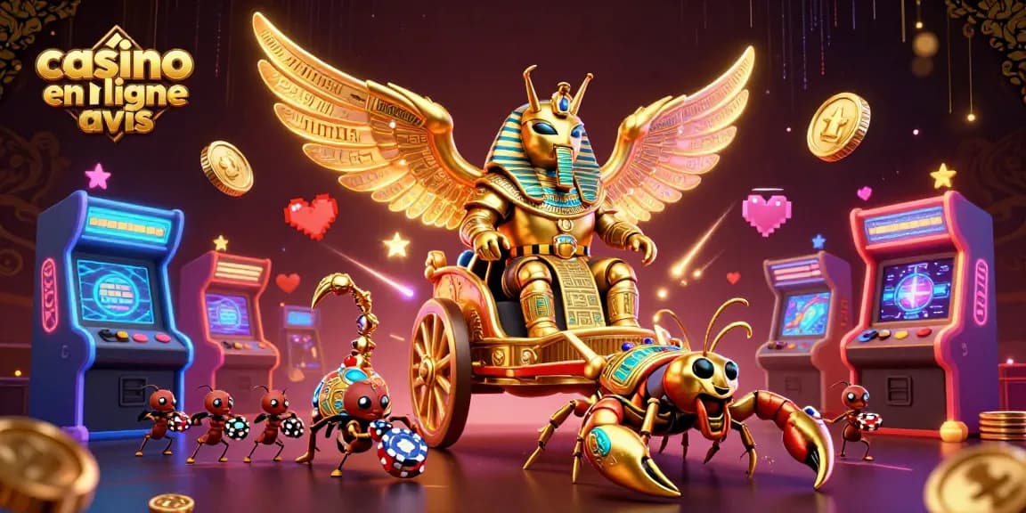 Découvrez casino en ligne avis avec un scarabée doré et des machines à sous colorées dans un monde de jeux.