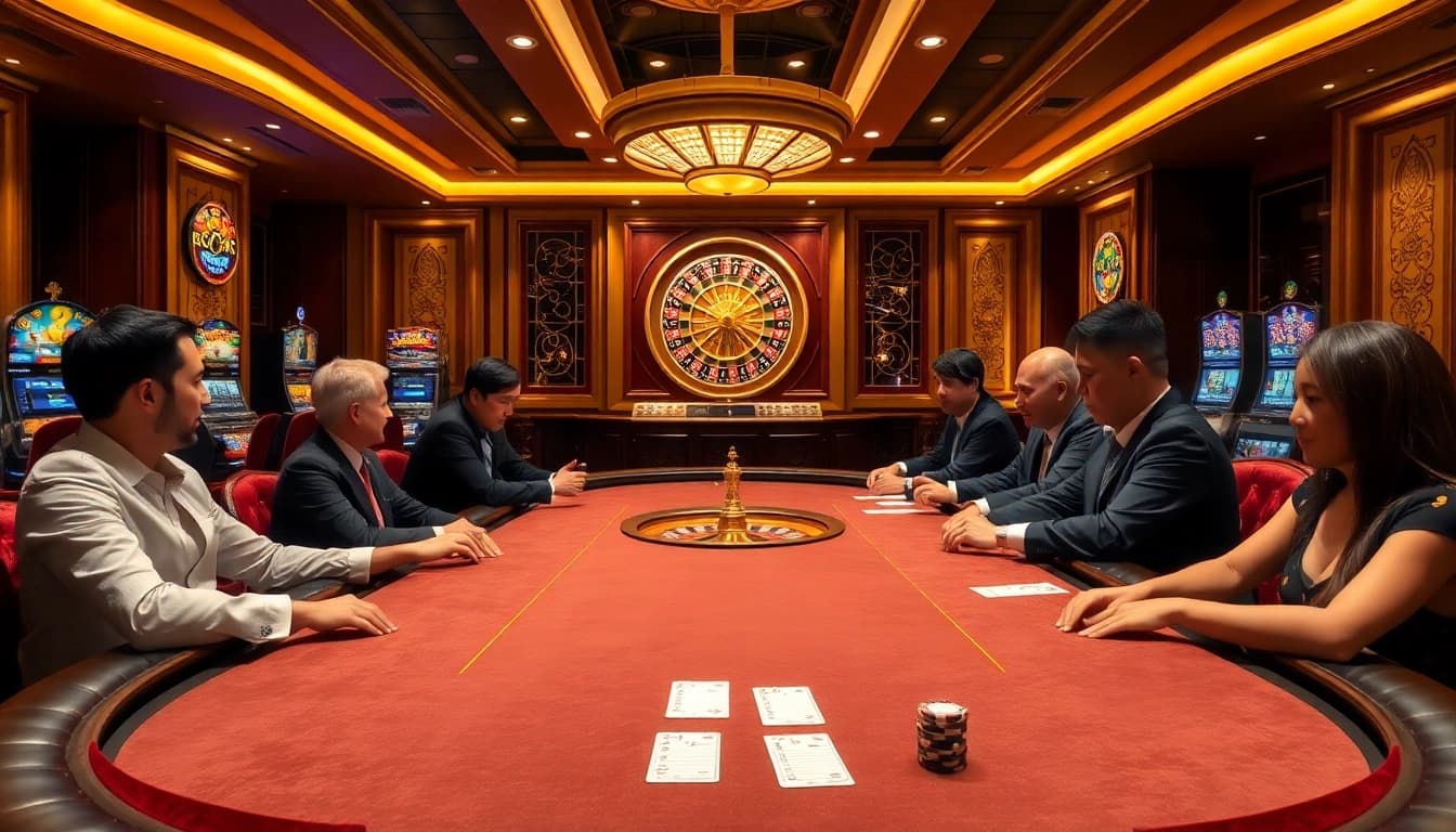 Experience the excitement of gambling in a luxurious casino setting with players at a poker table – Nếu như vậy bám vào đây.