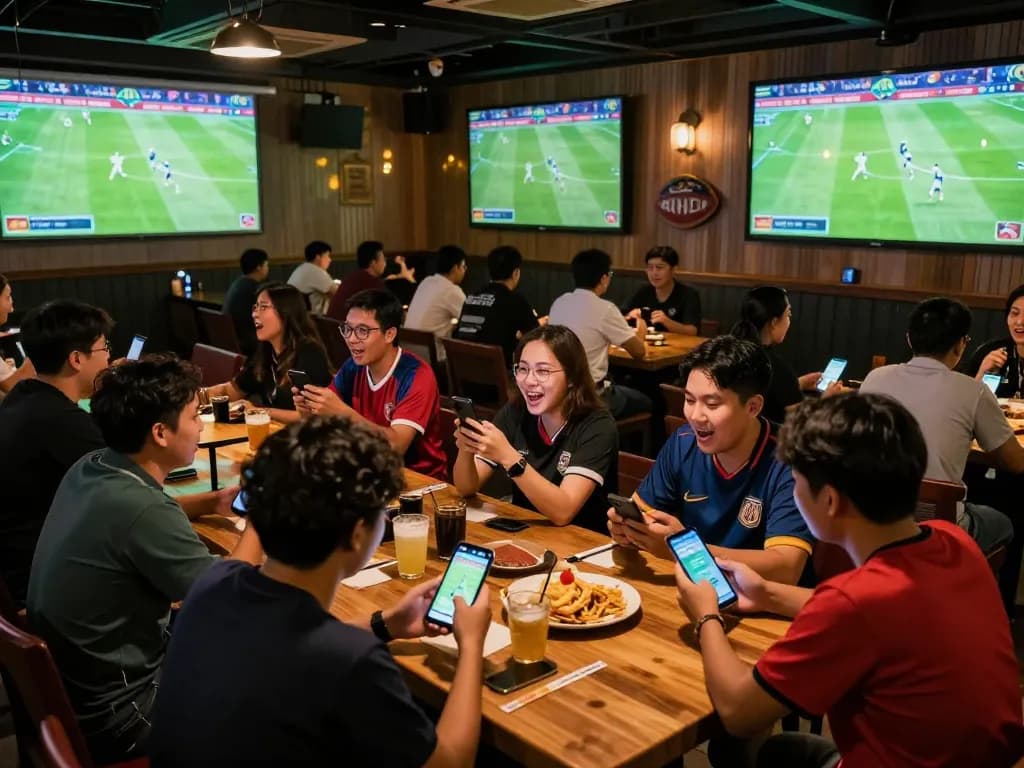 Fans engage in judi bola betting while watching a live football match at a sports bar