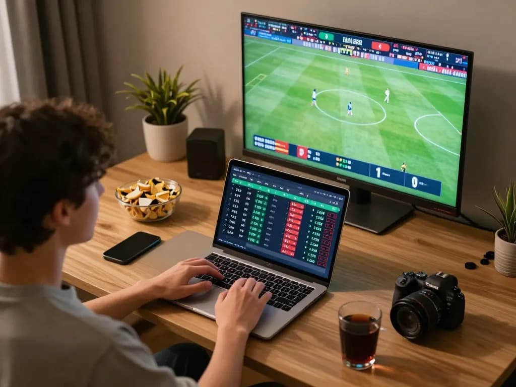 Kèo nhà cái 55: Engaging online sports betting setup with live match and laptop display.