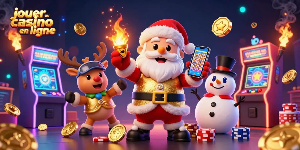 Jouez au casino en ligne avec une illustration festive de Santa, un renne et un bonhomme de neige.