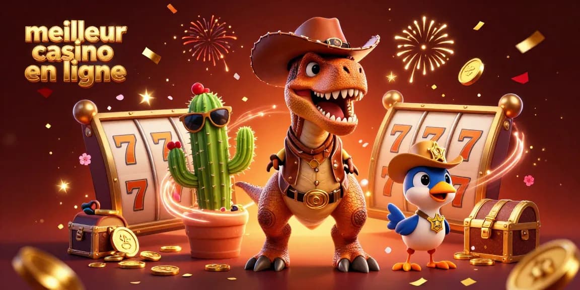 Illustration dynamique de personnages de casino notamment le meilleur casino en ligne avec un T-Rex et des éléments de jeu flottants.