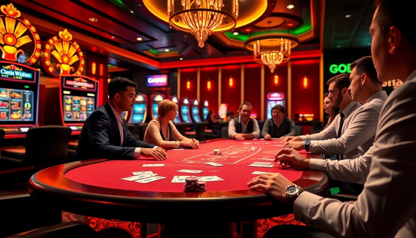 Engage with the thrill of winning at GO88 casino, featuring vibrant tables and colorful slot machines for an immersive experience.