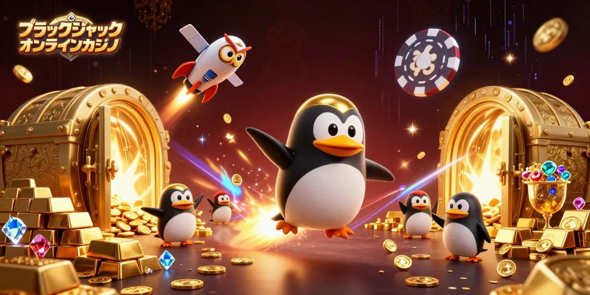 ブラックジャック オンラインカジノでのプレイを楽しむゴールデンペンギンの壮大なイラスト