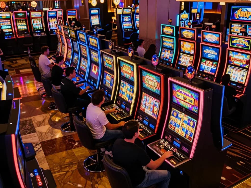 Players celebrating wins at a vibrant slot machine area in a bustling casino
