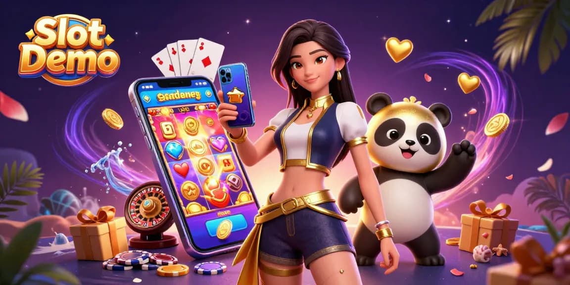 Play Slot Demo with an Asian woman and golden panda mascot in an engaging casino scene.