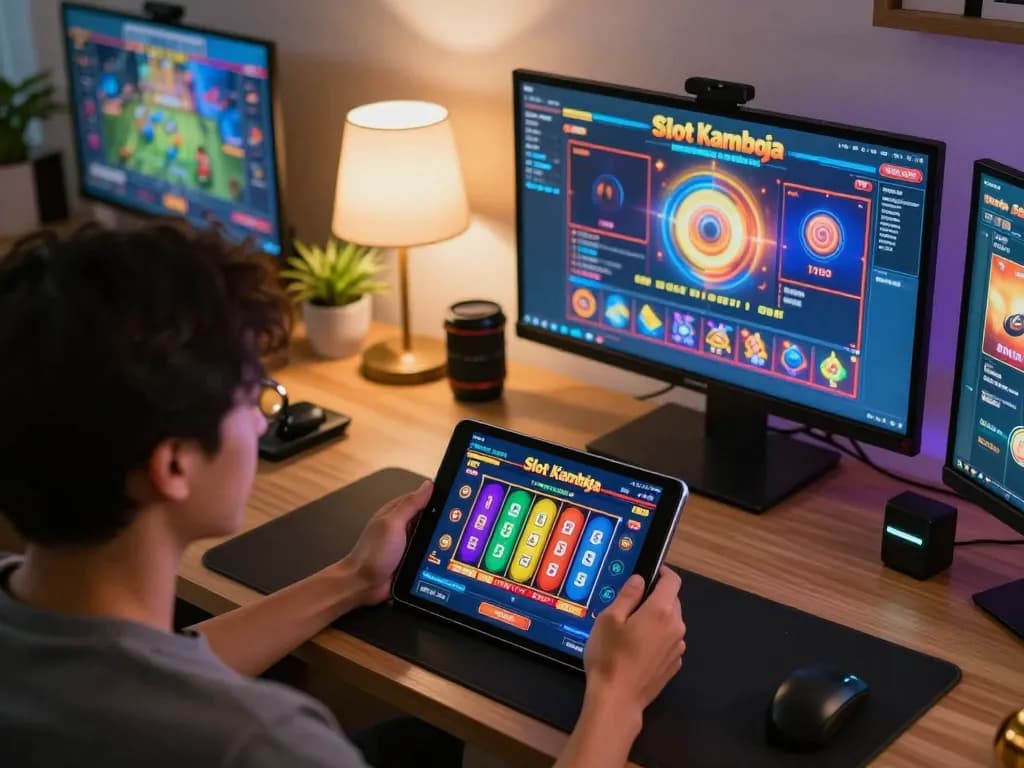 situs slot kamboja player engaging in online gaming session at stylish home office with vibrant reels.