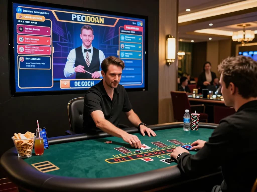 Engaging player at a baccarat site enjoying live gaming experience with vibrant digital displays.
