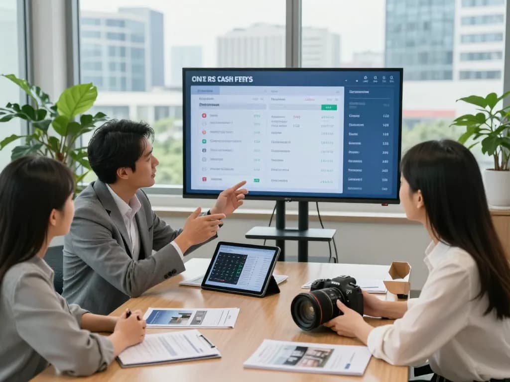 Nationwide investors group discussing property offers in a modern office with market data on screen.