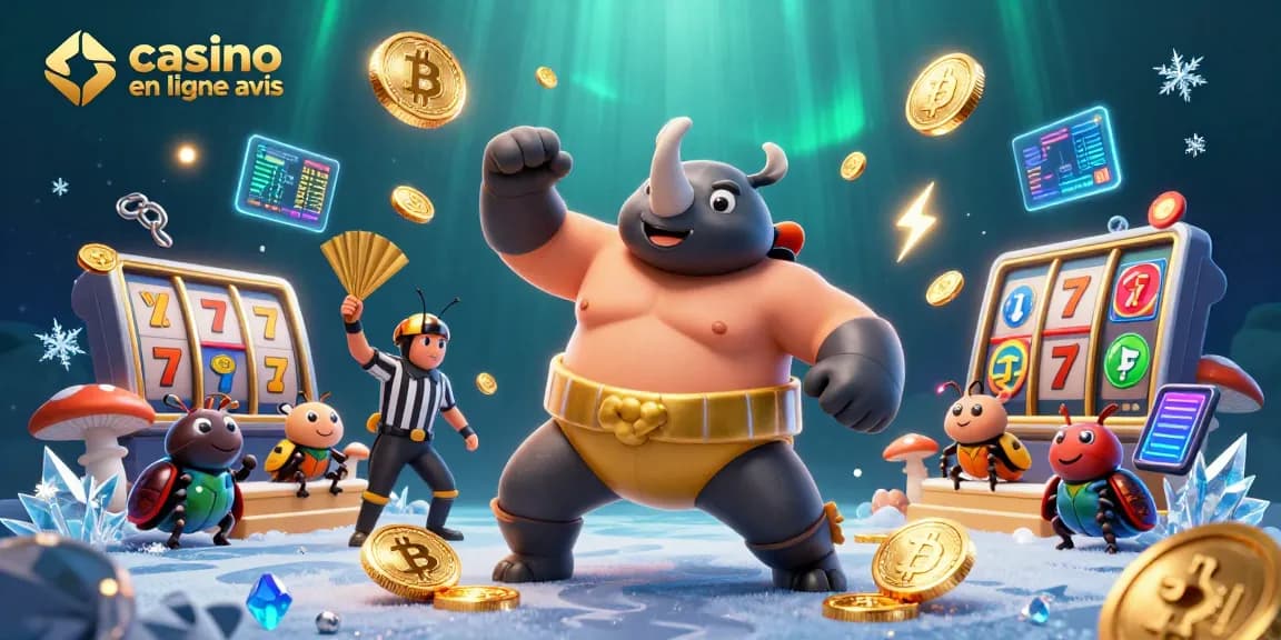 Évaluation de casino en ligne avis illustrant un combat vibrant entre un scarabée rhinocéros et un arbitre, entourés d'éléments de jeu.