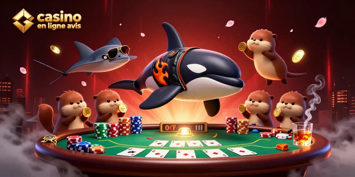 Illustration captivante sur les casinos en ligne avis, avec une baleine orque en cuir et des loutres dorées célébrant des gains.