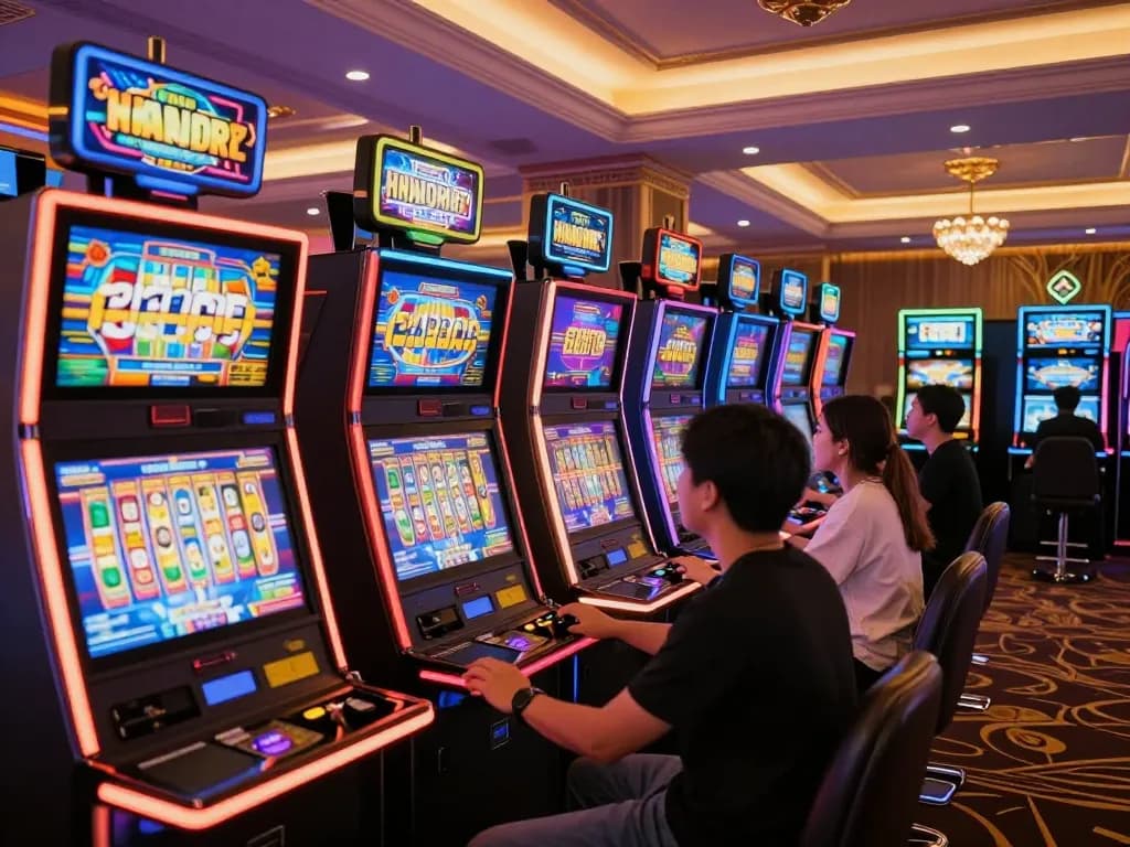 Players enjoying exciting slot machines in a lively casino setting filled with vibrant colors and bright screens.