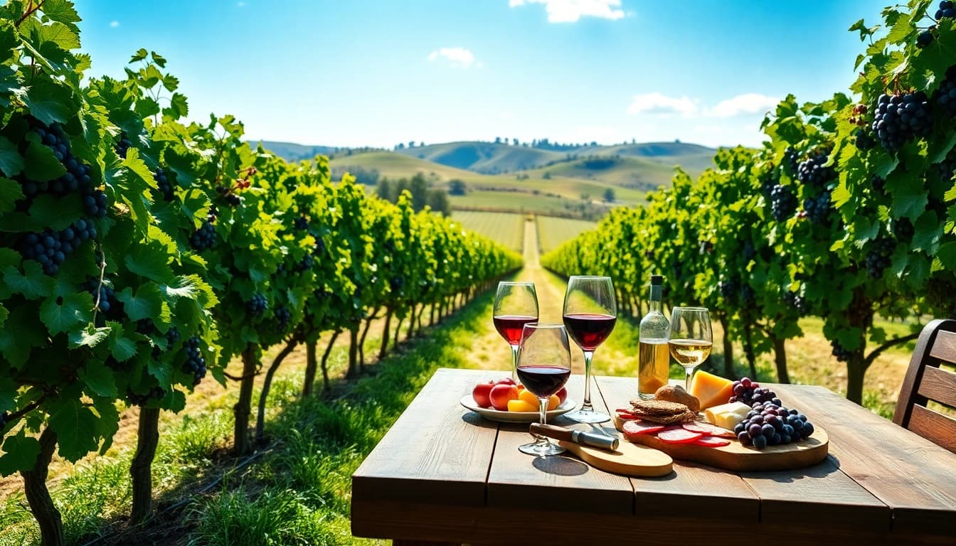 Enjoy wineries in Clarksburg with a scenic vineyard tasting experience, showcasing wine glasses and a charcuterie board.
