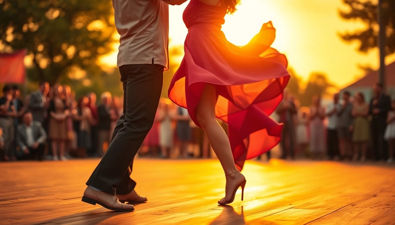 Couple showcasing Carolina Dance moves on stage with energetic crowd in the background.