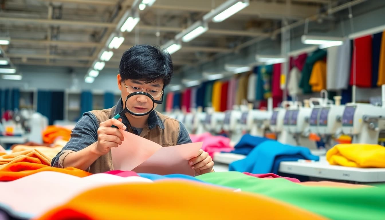 Focused inspection of fabric samples by garment suppliers in China showcasing industrial expertise.