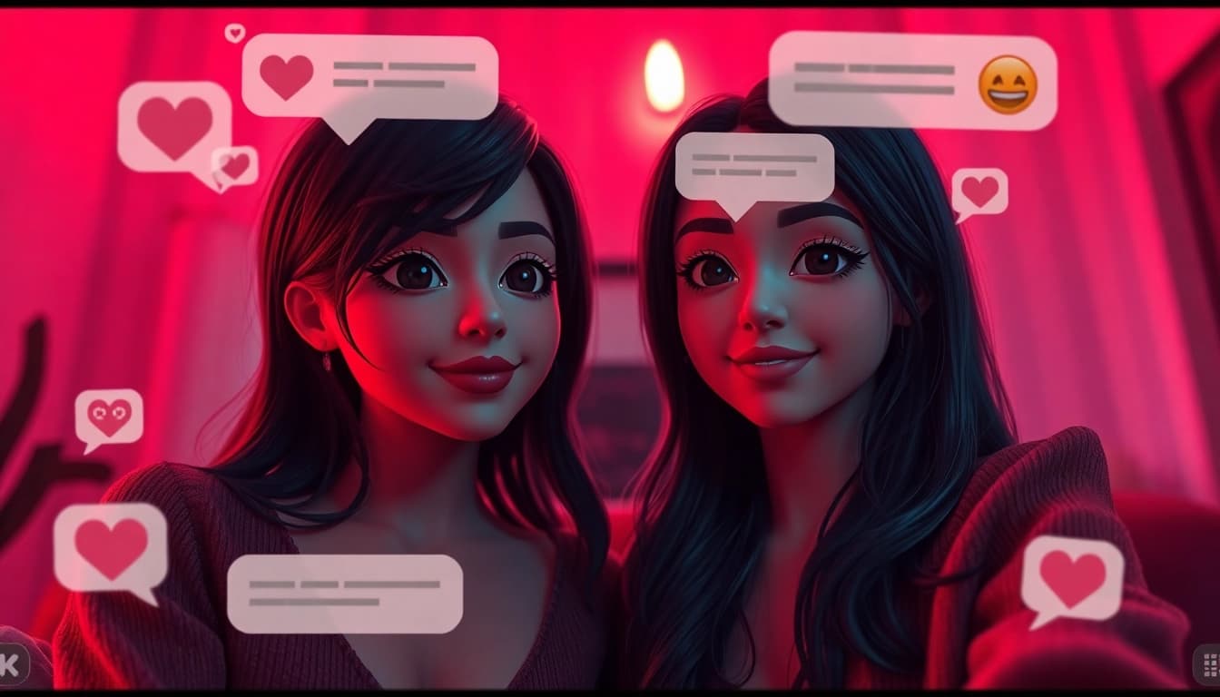 Engaging nsfw ai chat between digital avatars in a cozy virtual room setting.