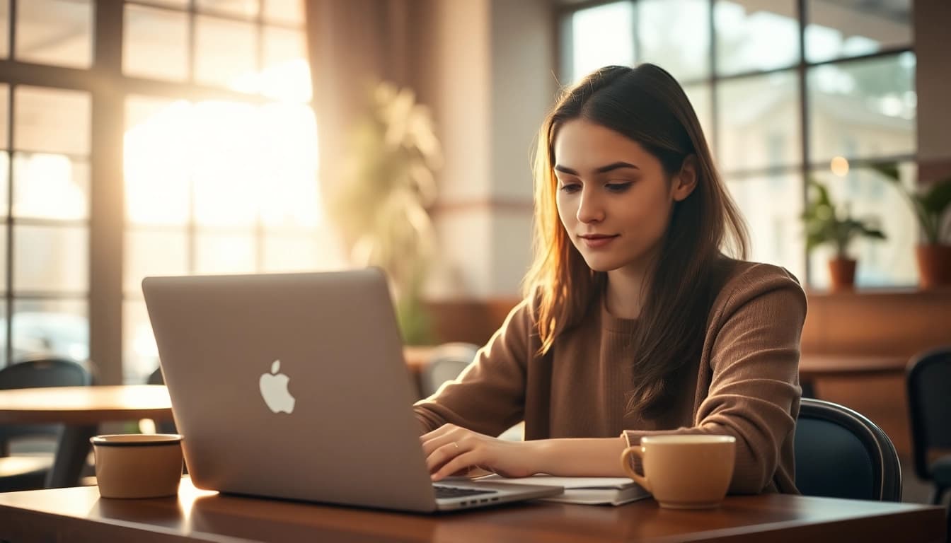 Young woman generating ideas with image to prompt ai in a cozy café.