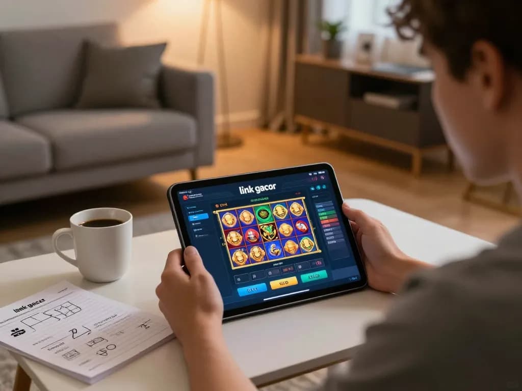 Pemain menikmati sesi permainan link gacor di tablet di ruang tamu yang nyaman, menggambarkan perjudian online yang bertanggung jawab.